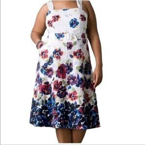 Lane Bryant 26 White Floral Dress Linen Blend Smocked Midi Cottage Sun Dress